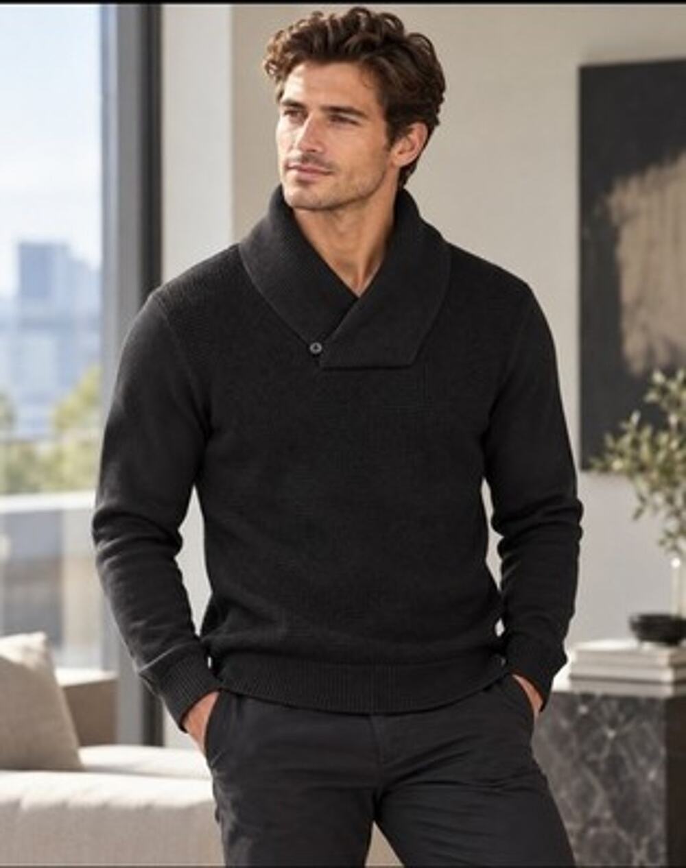 Armani Exchange Sweater Men’s Sz M Shaw Collar 100% Wool Minimalist Black